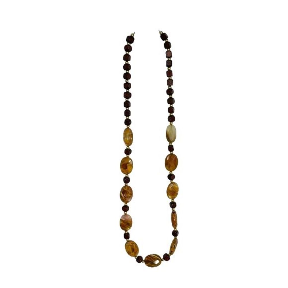 Chunky Tigers Eye Wood Gold Tone Beads Necklace 18" Gold Ornate Clasp Brown